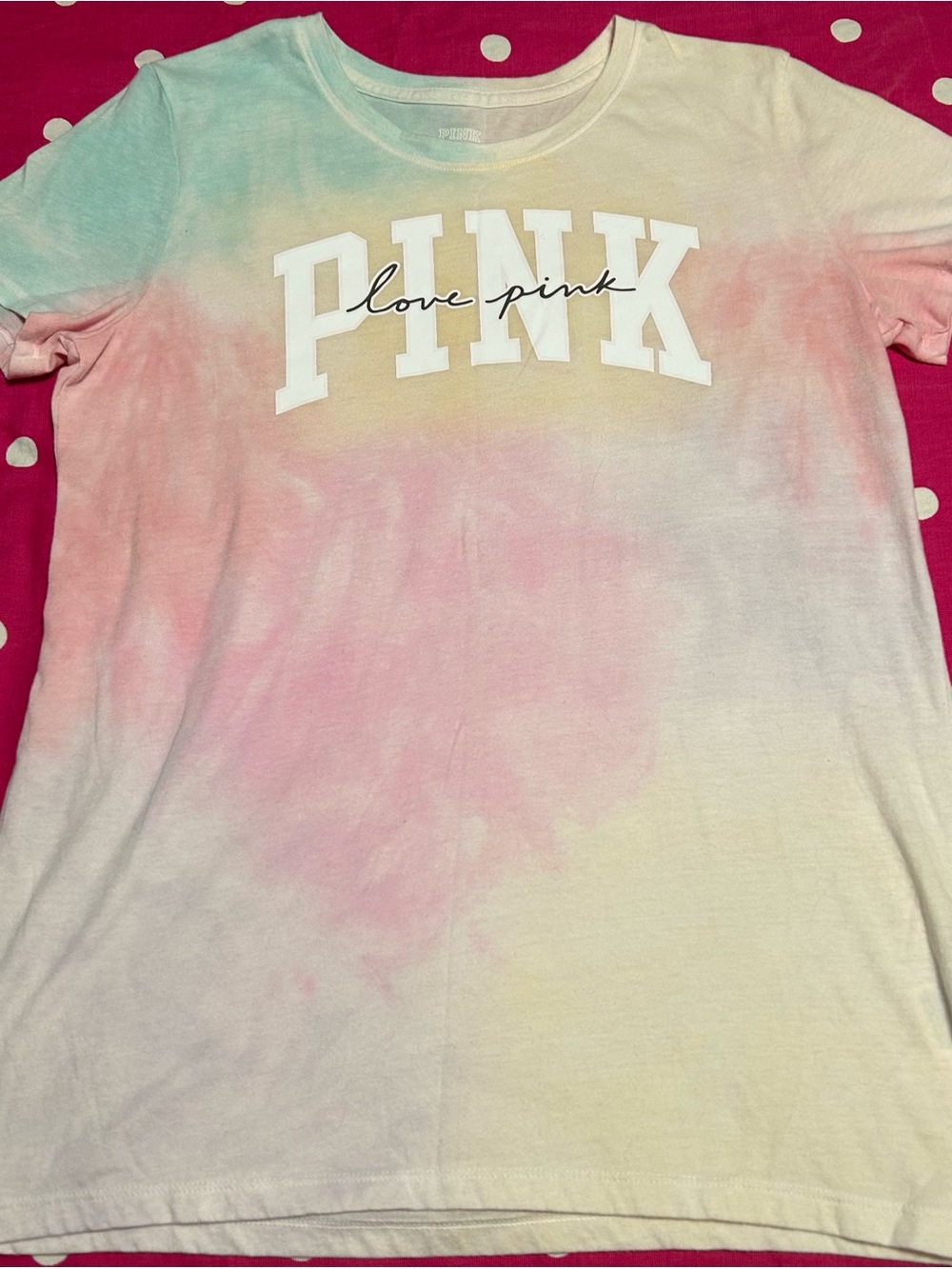 PINK Victoria's Secret Pastel Tie-Dye Logo Tee - Pink, Yellow, Blue Medium
